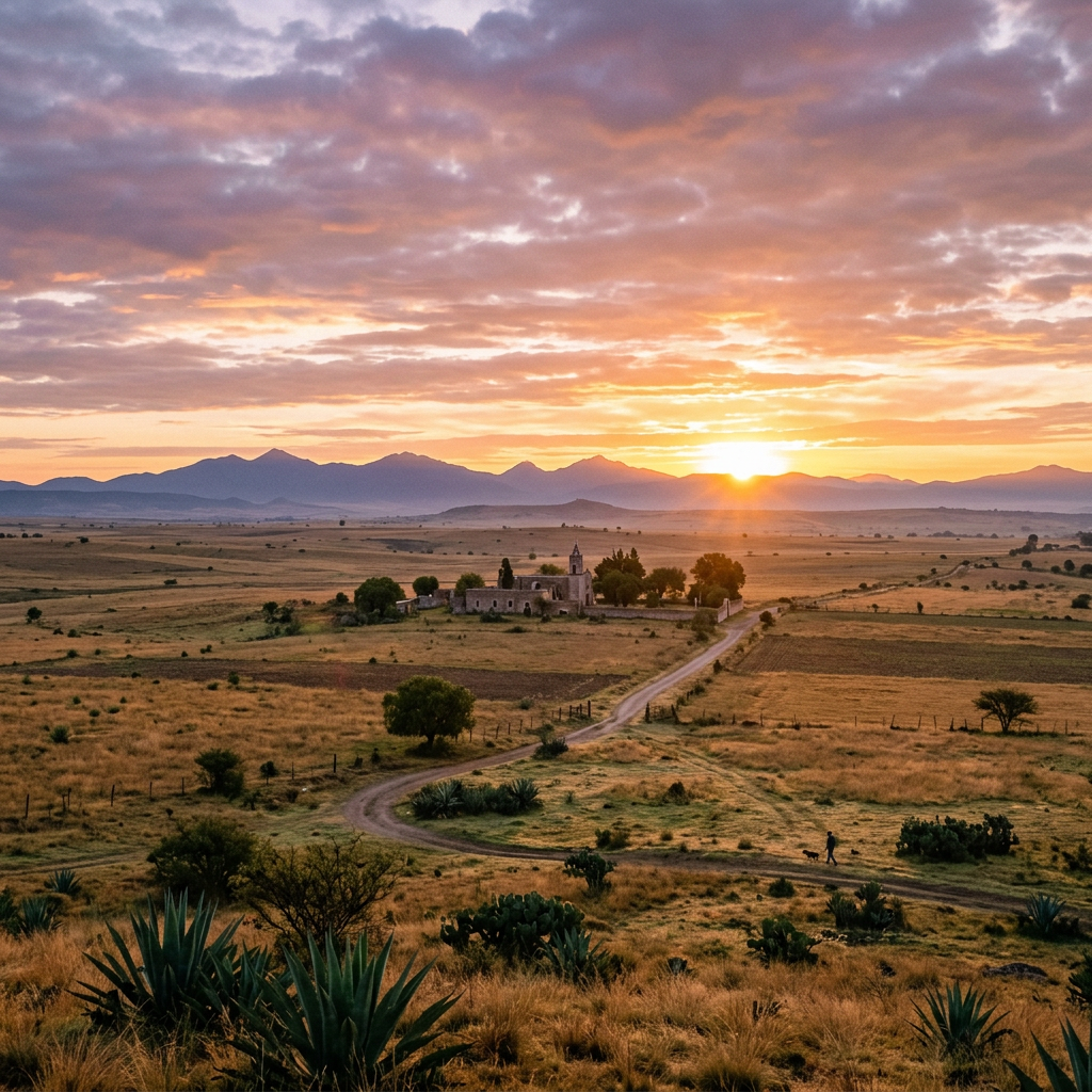 Sunset over rural landscape with church, winding road, and distant mountains